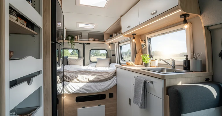Interiorul luminos și spațios al unui campervan, ilustrând o amenajare campervan inteligentă cu pat fix și bucătărie completă.