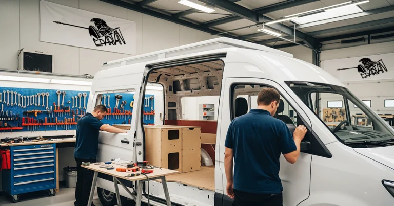 O autoutilitară albă în proces de conversie autoutilitară într-un atelier Spartan Camper & Conversion.