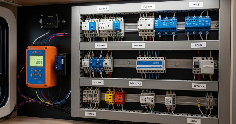 Un panou de control detaliat al unui sistem electric campervan, cu siguranțe și întrerupătoare, instalat de Spartan Camper & Conversion.
