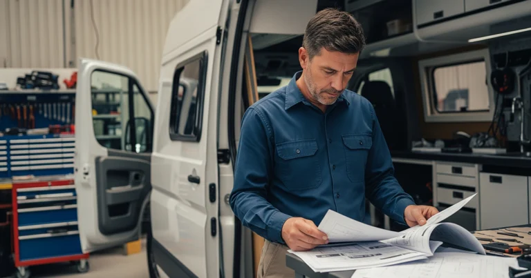 Un inginer Spartan Camper & Conversion verificând documentația tehnică a unui vehicul în vederea pregătirii pentru omologare RAR campervan.